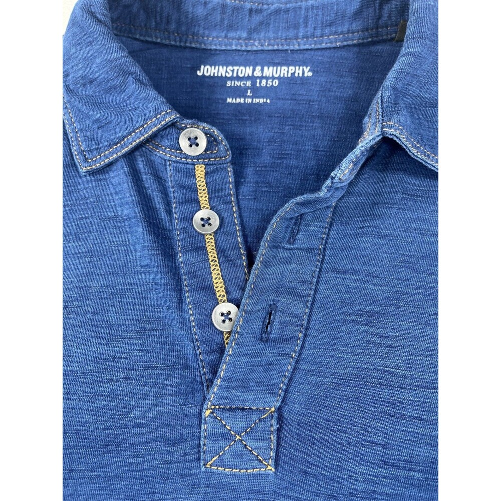 Johnston & Murphy Mens Slub Polo Shirt Blue 100% Cotton Orange Stitch Large - Picture 5 of 8